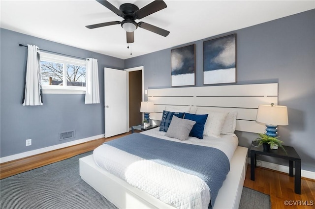 bedroom featuring hardwood / wood-style floors and ceiling fan