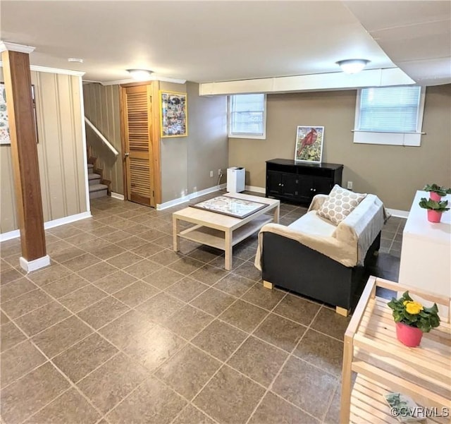 living room with tile patterned floors