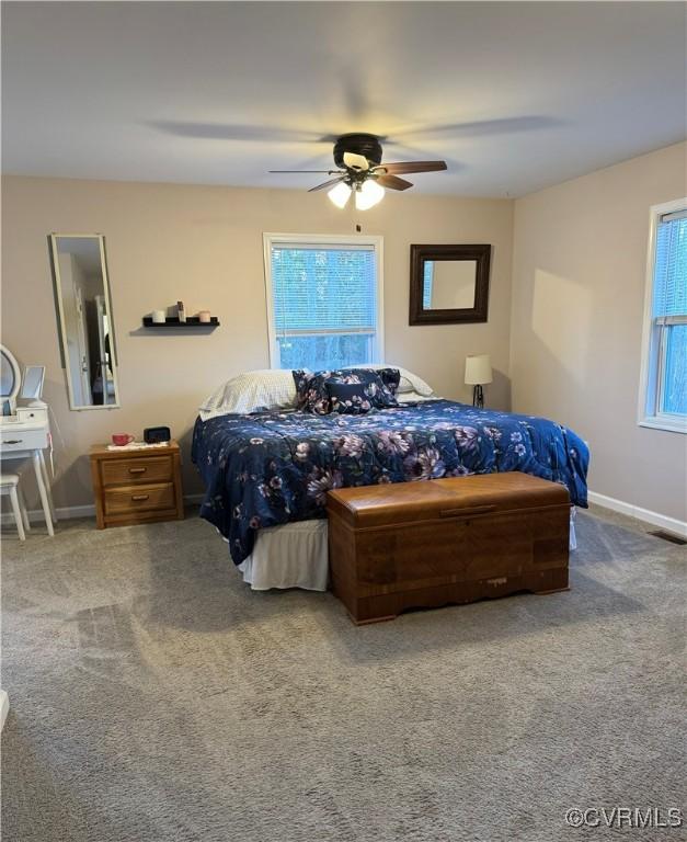 bedroom featuring multiple windows, ceiling fan, and carpet