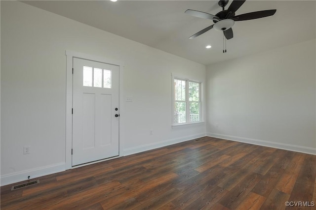 entrance foyer featuring ceiling fan and dark hardwood / wood-style flooring