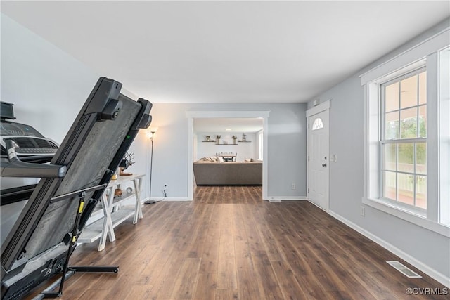 exercise room featuring dark hardwood / wood-style flooring