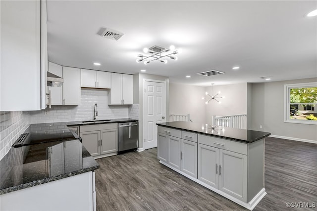 kitchen featuring sink, stainless steel dishwasher, white cabinets, and a kitchen island