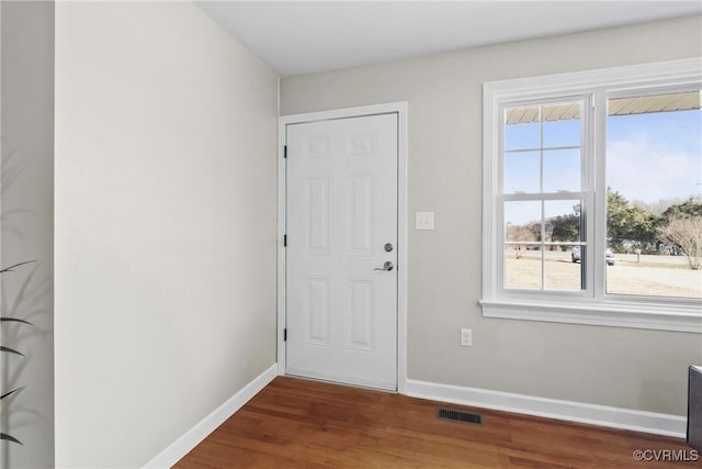 doorway with dark wood-type flooring and plenty of natural light