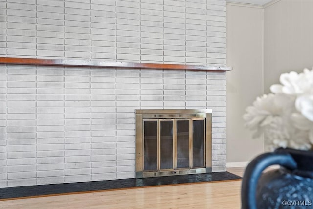 interior details featuring a fireplace and wood-type flooring