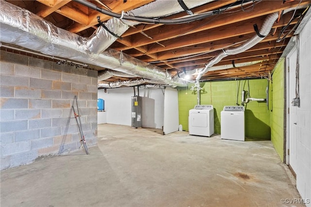 basement with washing machine and clothes dryer and water heater