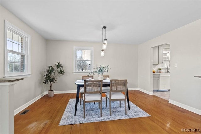 dining room featuring sink, a wealth of natural light, and light hardwood / wood-style floors