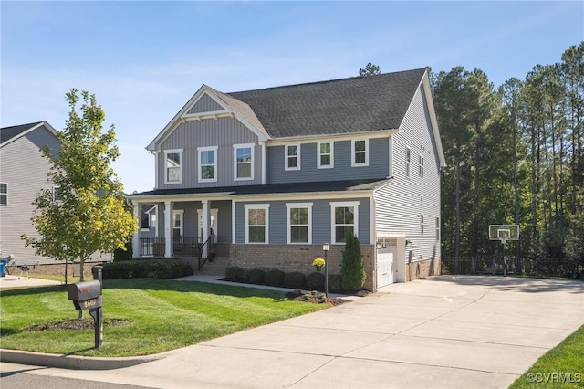 craftsman-style house with a garage, a front lawn, and covered porch