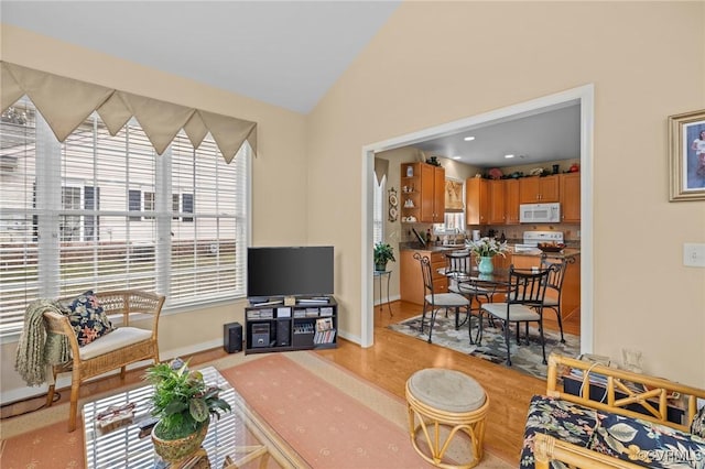 living room with lofted ceiling, light hardwood / wood-style floors, and a wealth of natural light