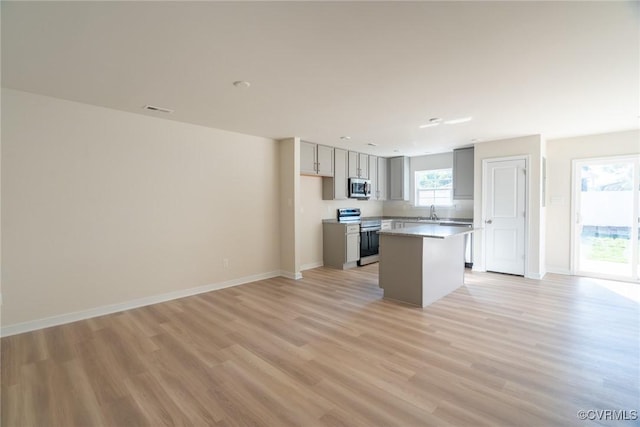 kitchen with sink, gray cabinets, stainless steel appliances, light hardwood / wood-style floors, and a kitchen island