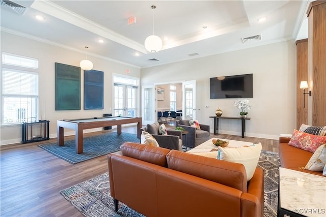 interior space with crown molding, billiards, hardwood / wood-style floors, and a tray ceiling