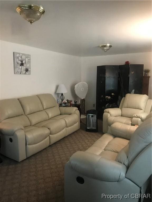 living room featuring dark colored carpet