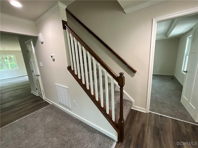 1841 Walkerton Rd, Chesterfield, VA 23236 - staircase featuring crown molding, wood finished floors, baseboards, and carpet
