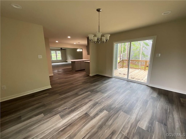 1841 Walkerton Rd, Chesterfield, VA 23236 - unfurnished dining area with dark wood-style floors, a chandelier, baseboards, recessed lighting, and ceiling fan