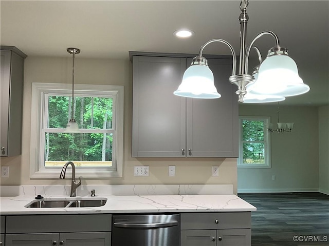 1841 Walkerton Rd, Chesterfield, VA 23236 - kitchen with stainless steel dishwasher, gray cabinets, a sink, decorative light fixtures, and recessed lighting