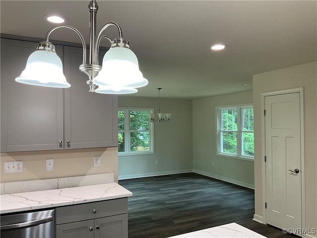 1841 Walkerton Rd, Chesterfield, VA 23236 - kitchen featuring dishwasher, gray cabinetry, baseboards, dark wood finished floors, and recessed lighting