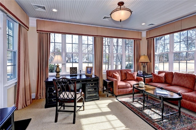 interior space featuring carpet, visible vents, and a healthy amount of sunlight