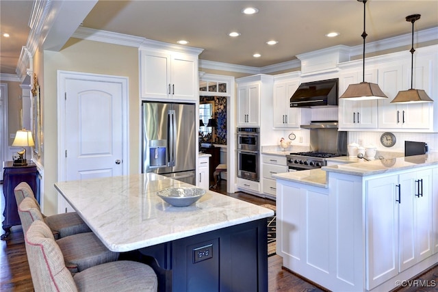 kitchen featuring stainless steel appliances, ornamental molding, light stone counters, and range hood