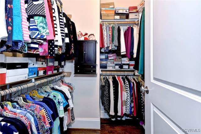 walk in closet with wood finished floors