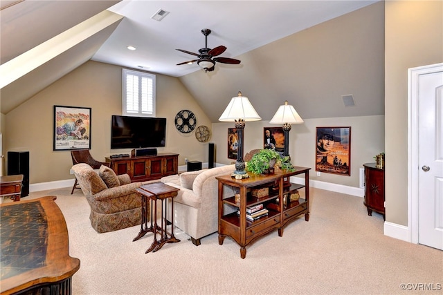 living room featuring light carpet, vaulted ceiling, visible vents, and baseboards