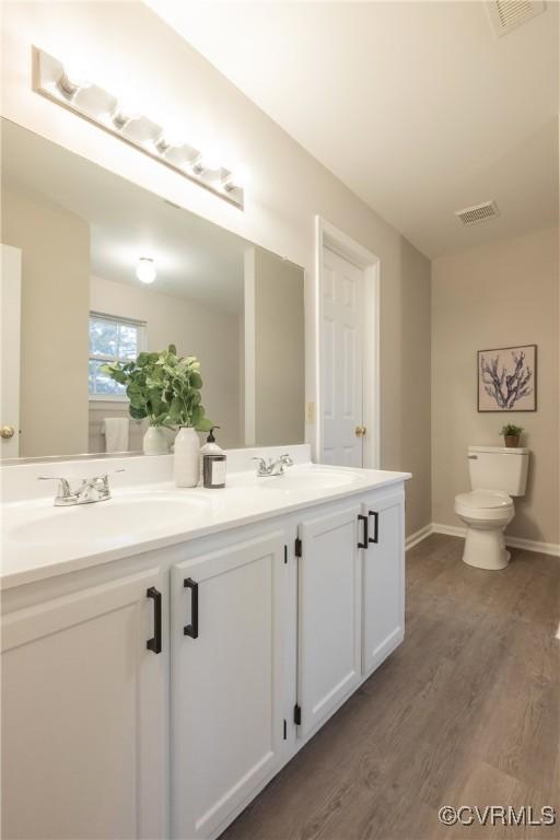 bathroom featuring vanity, toilet, and hardwood / wood-style floors