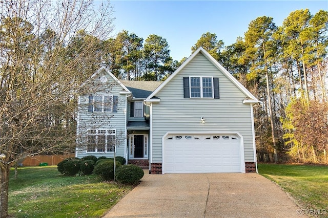 front facade featuring a garage and a front lawn