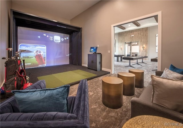 carpeted home theater featuring golf simulator