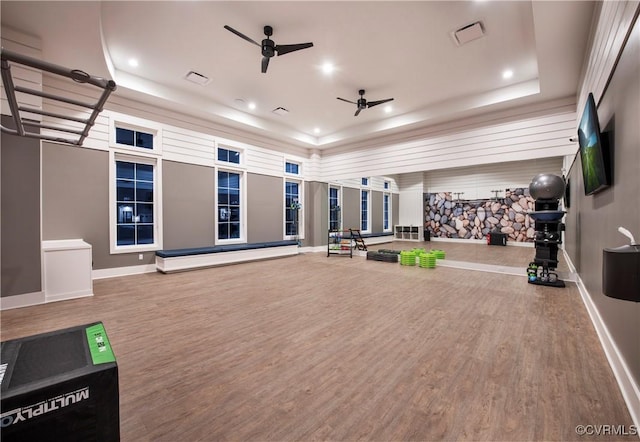 workout area featuring wood-type flooring, a raised ceiling, and ceiling fan