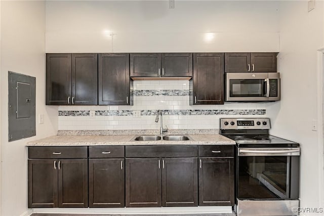 kitchen with sink, decorative backsplash, electric panel, stainless steel appliances, and dark brown cabinets