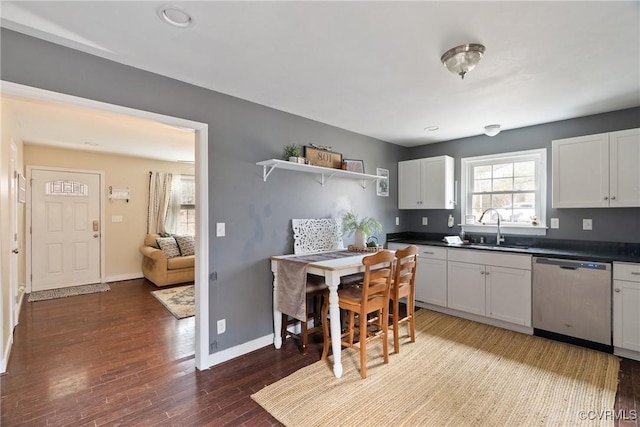 kitchen featuring white cabinetry, dark hardwood / wood-style flooring, dishwasher, and sink