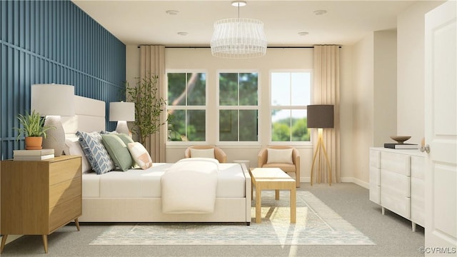 bedroom with carpet flooring and a notable chandelier