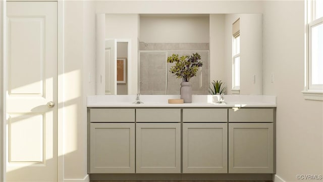 bathroom featuring vanity and a shower