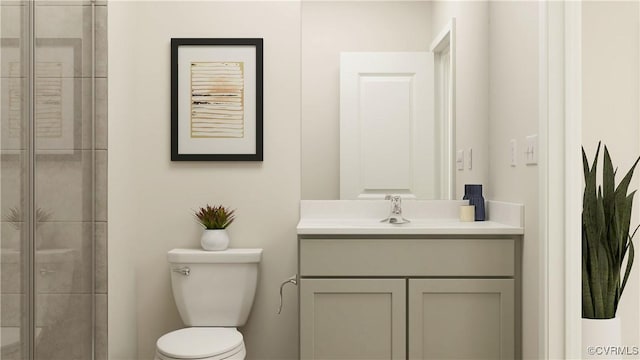 bathroom featuring vanity, an enclosed shower, and toilet