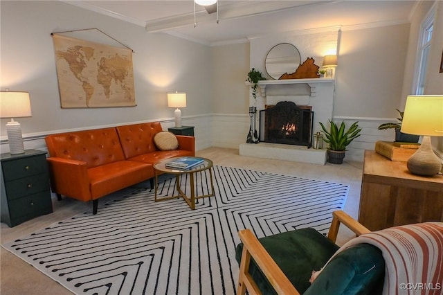 living room featuring crown molding