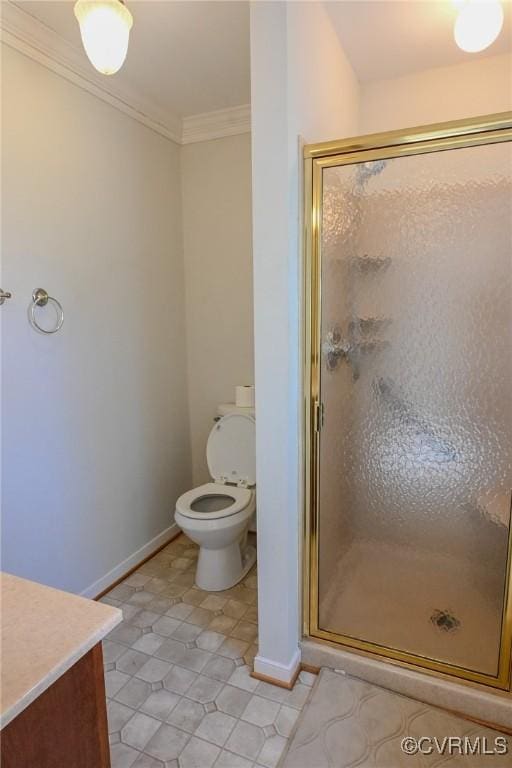 bathroom featuring vanity, crown molding, and a shower with door