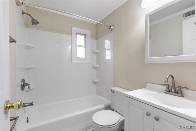 full bathroom with ornamental molding, vanity, toilet, and shower / bath combination