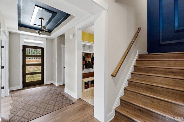 foyer featuring wood-type flooring and a tray ceiling