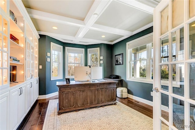 home office featuring dark wood-type flooring, plenty of natural light, coffered ceiling, and beamed ceiling