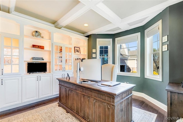 office space with coffered ceiling, beam ceiling, and dark hardwood / wood-style floors