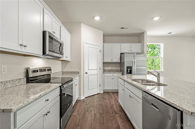 kitchen featuring white cabinetry, appliances with stainless steel finishes, sink, and a kitchen island with sink