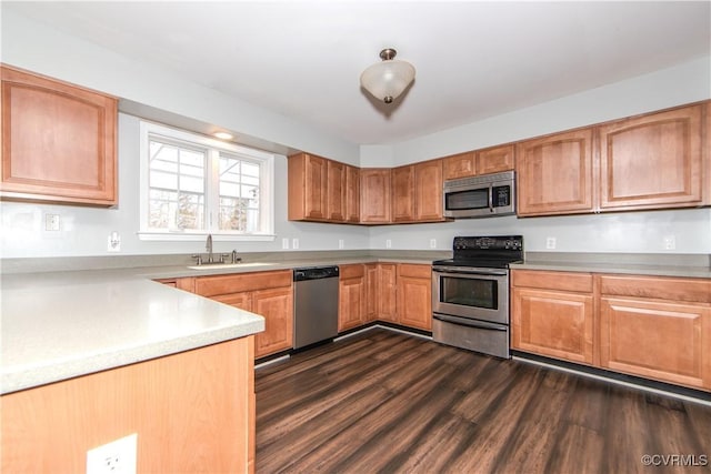 kitchen with stainless steel appliances, dark hardwood / wood-style flooring, and sink