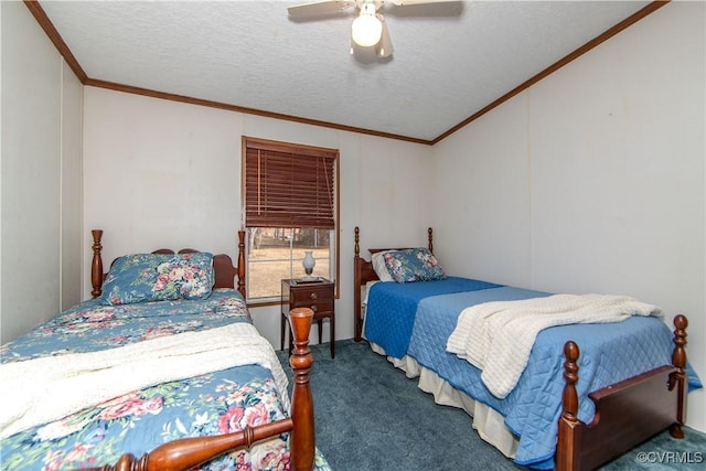 carpeted bedroom with crown molding, a textured ceiling, and ceiling fan