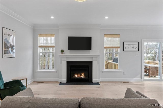 living area with ornamental molding, a fireplace with flush hearth, and a wealth of natural light