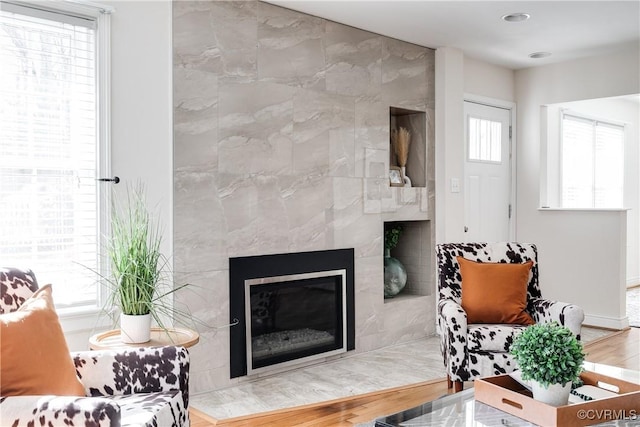 living room featuring hardwood / wood-style floors and a fireplace