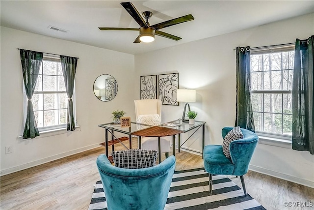 home office with plenty of natural light and light hardwood / wood-style floors