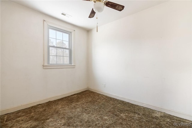 unfurnished room with ceiling fan and carpet flooring