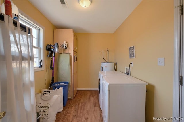 washroom featuring independent washer and dryer, light hardwood / wood-style floors, and electric water heater