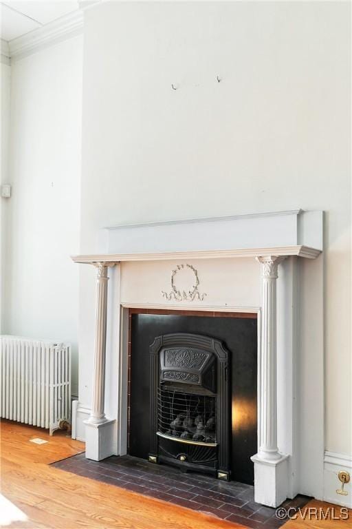 interior details featuring crown molding, radiator, and hardwood / wood-style floors