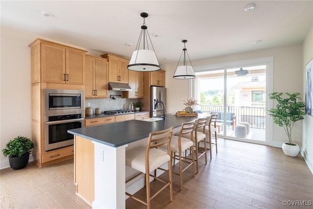 kitchen featuring appliances with stainless steel finishes, a kitchen island with sink, pendant lighting, light hardwood / wood-style floors, and backsplash