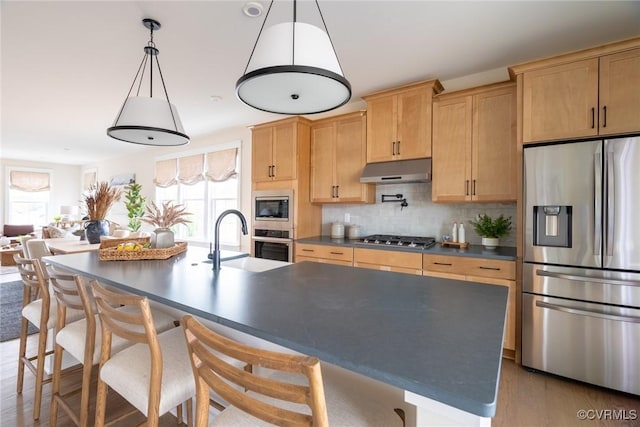 kitchen featuring sink, hanging light fixtures, stainless steel appliances, a kitchen island with sink, and backsplash