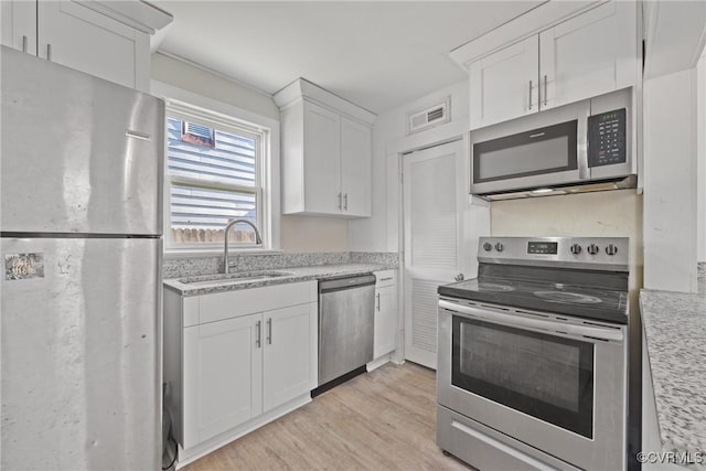 kitchen with white cabinetry, appliances with stainless steel finishes, sink, and light wood-type flooring